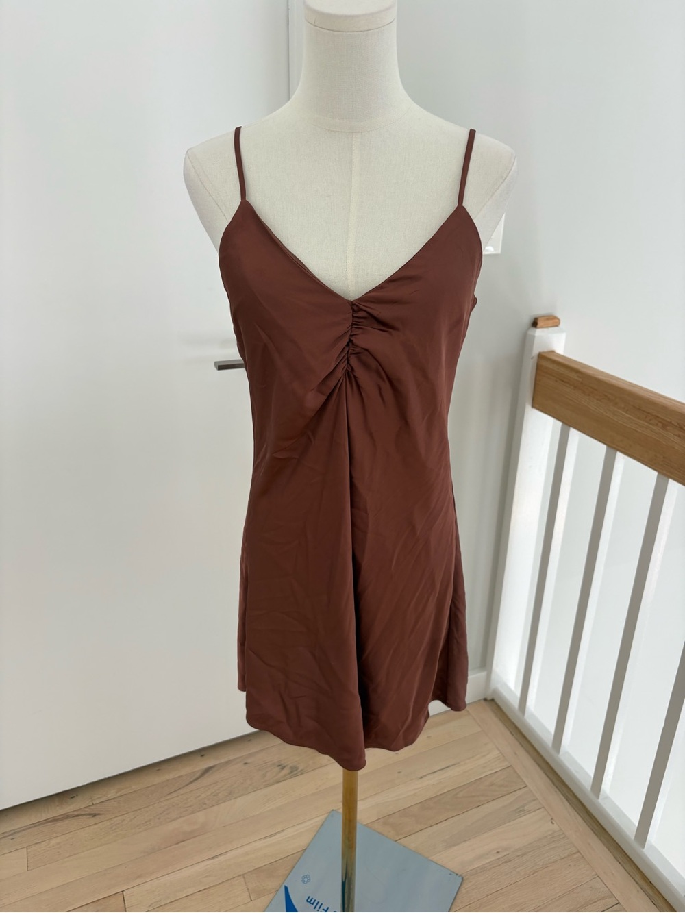 stradivarius Brown Ruched Slip Dress